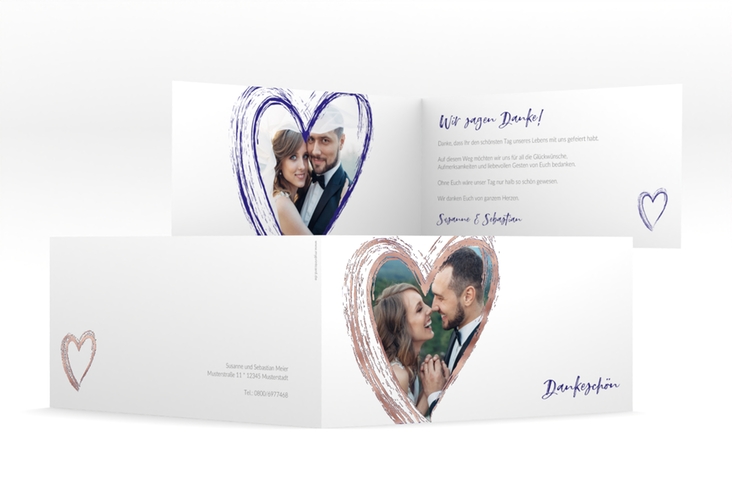 Danksagung Hochzeit Liebe lange Klappkarte quer blau rosegold