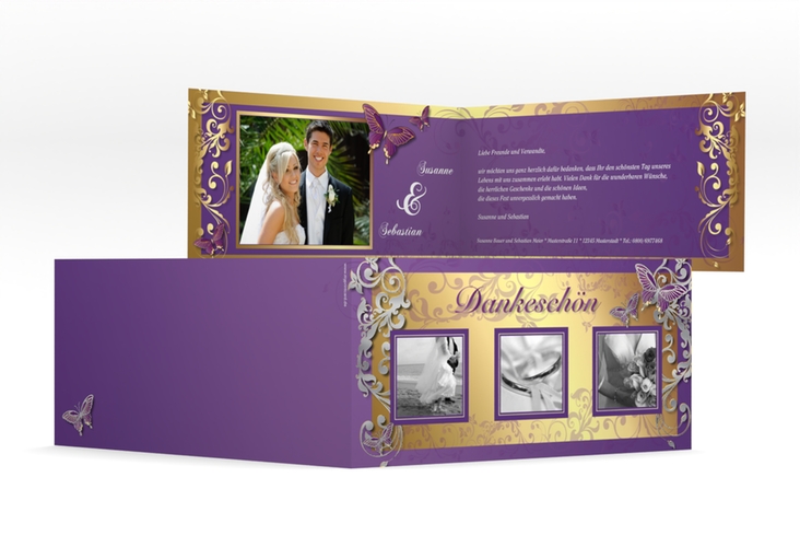 Dankeskarte Hochzeit Toulouse lange Klappkarte quer lila silber