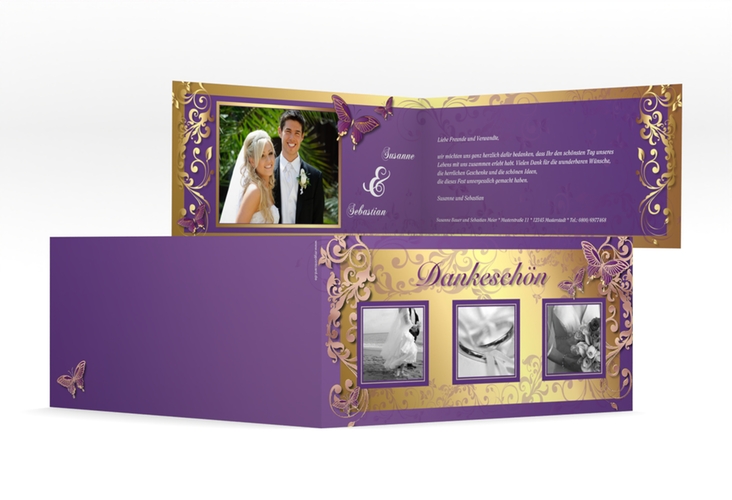 Dankeskarte Hochzeit Toulouse lange Klappkarte quer lila rosegold