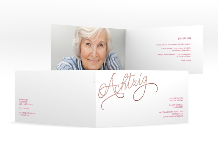 Einladung 80. Geburtstag Schwungvoll lange Klappkarte quer pink rosegold