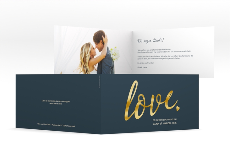 Danksagung Hochzeit Glam lange Klappkarte quer blau gold