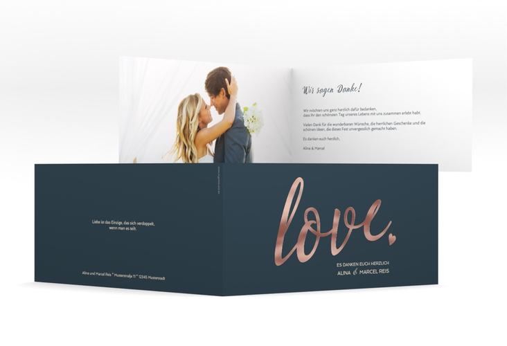 Danksagung Hochzeit Glam lange Klappkarte quer blau rosegold