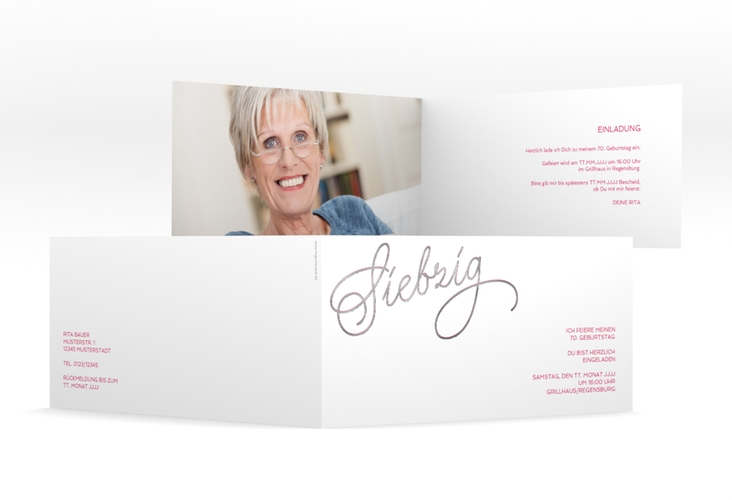 Einladung 70. Geburtstag Schwungvoll lange Klappkarte quer pink silber