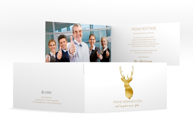 Geschäftliche Weihnachtskarte Deer lange Klappkarte quer gold gold