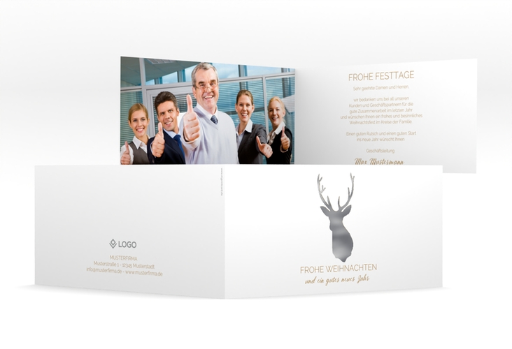 Geschäftliche Weihnachtskarte Deer lange Klappkarte quer gold silber