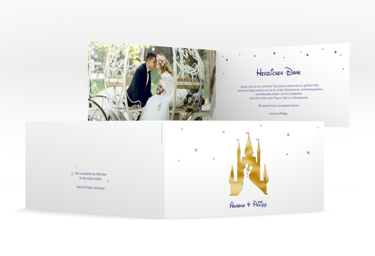 Danksagungskarte Hochzeit Castle lange Klappkarte quer lila gold