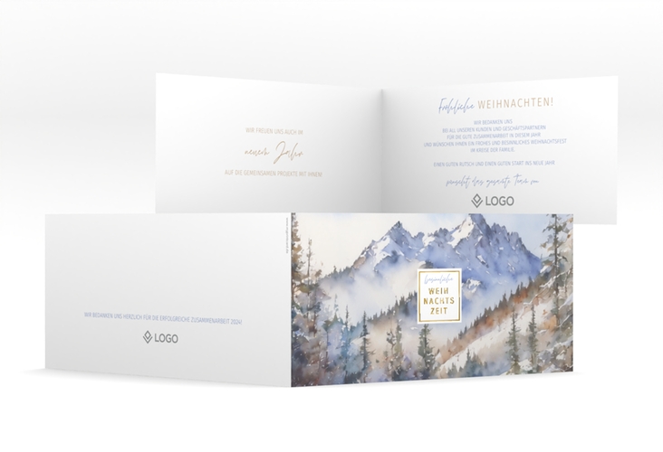 Geschäftliche Weihnachtskarte Winterlandschaft lange Klappkarte quer bunt gold