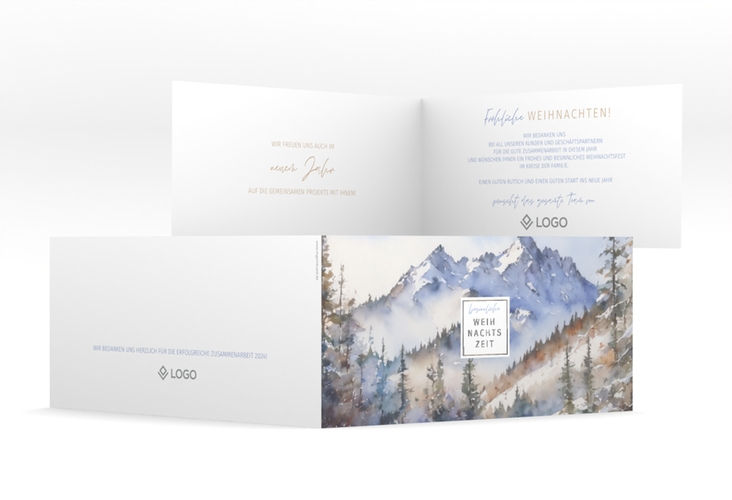 Geschäftliche Weihnachtskarte Winterlandschaft lange Klappkarte quer bunt silber