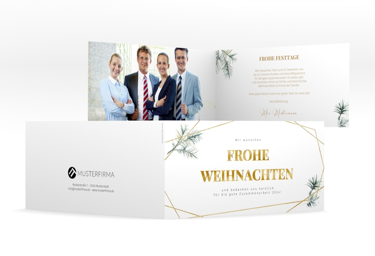Geschäftliche Weihnachtskarte Edeltanne lange Klappkarte quer gold gold mit Tannenzweigen und edlem Goldrahmen