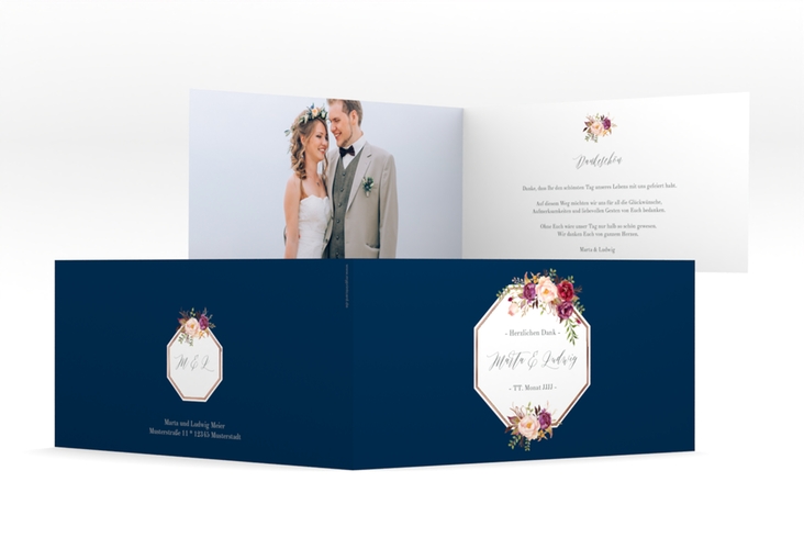 Danksagung Hochzeit Prachtvoll lange Klappkarte quer blau rosegold