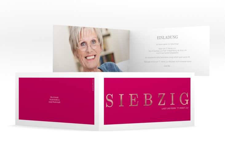 Einladung 70. Geburtstag Schlicht lange Klappkarte quer pink rosegold