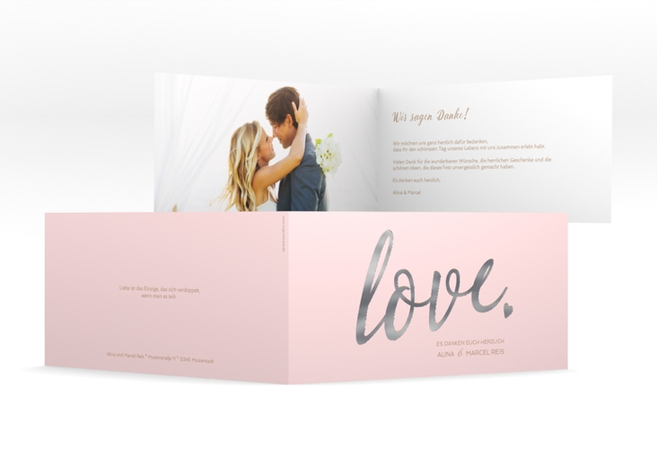 Danksagung Hochzeit Glam lange Klappkarte quer rosa silber