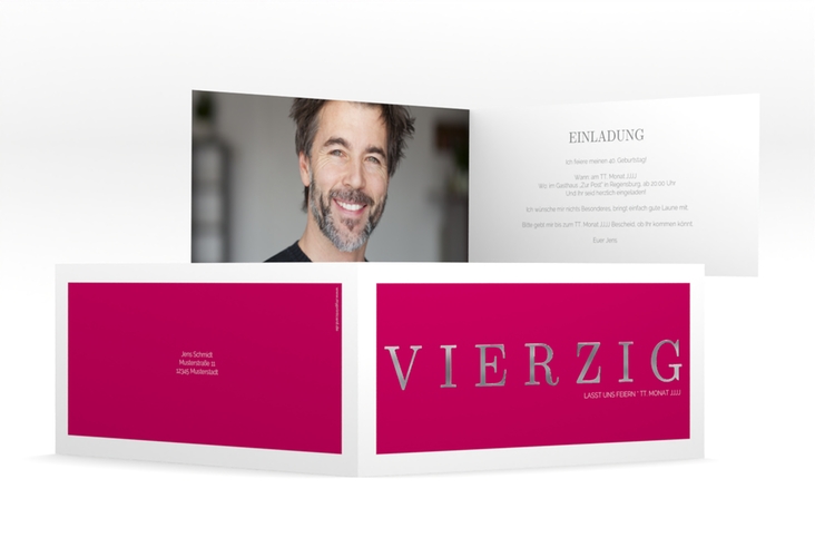 Einladung 40. Geburtstag Schlicht lange Klappkarte quer pink silber