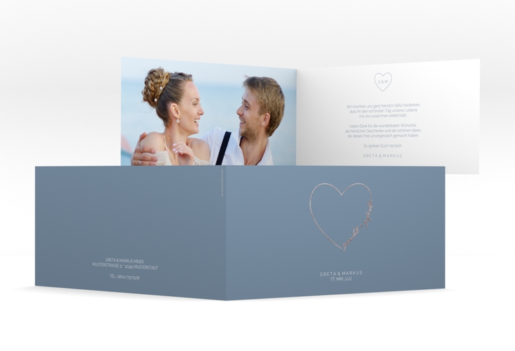 Danksagungskarte Hochzeit Lebenstraum lange Klappkarte quer blau rosegold