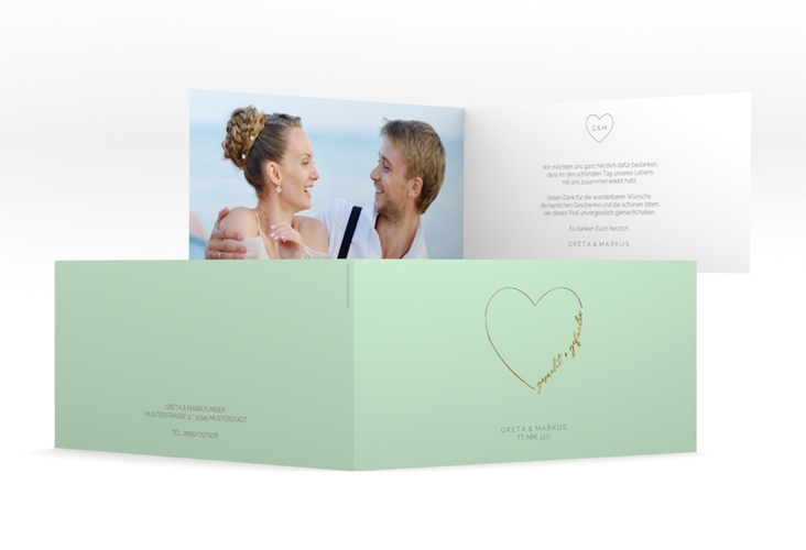 Danksagungskarte Hochzeit Lebenstraum lange Klappkarte quer mint gold