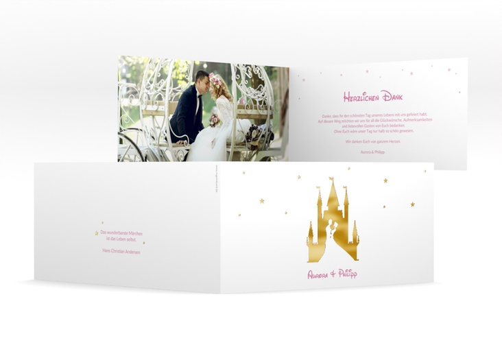 Danksagungskarte Hochzeit Castle lange Klappkarte quer rosa gold