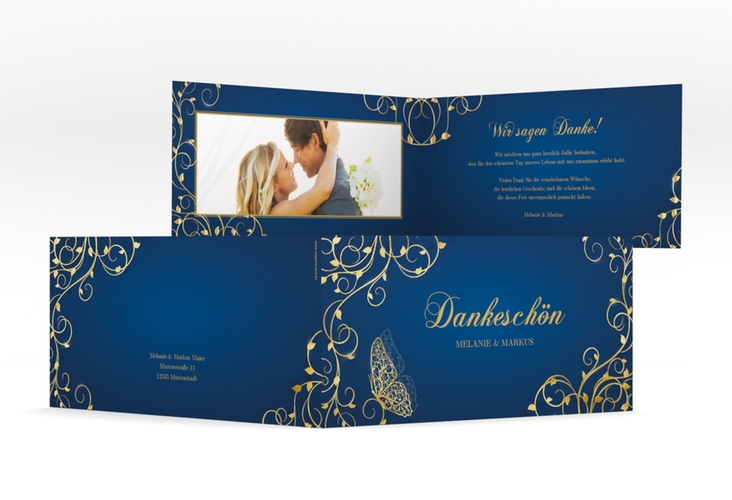 Danksagungskarte Hochzeit Eternity lange Klappkarte quer blau gold