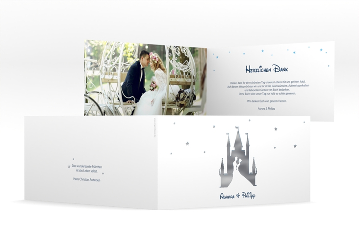 Danksagungskarte Hochzeit Castle lange Klappkarte quer blau silber