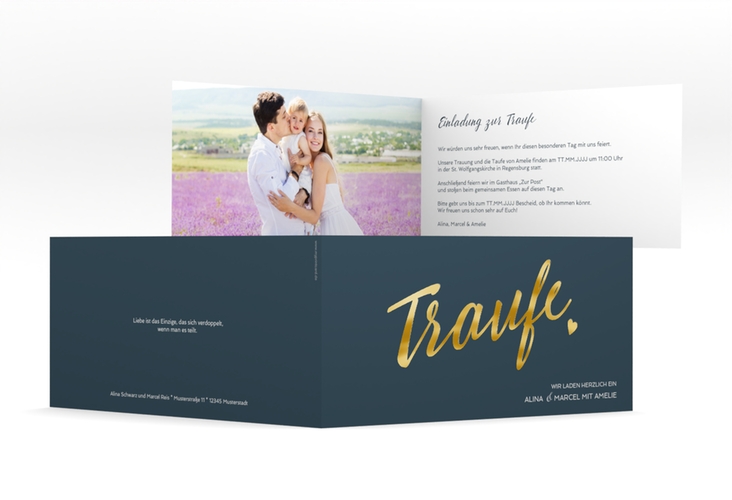 Hochzeitseinladung Traufe lange Klappkarte quer blau gold