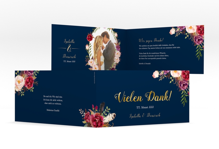 Danksagungskarte Hochzeit Flowers lange Klappkarte quer blau gold mit bunten Aquarell-Blumen