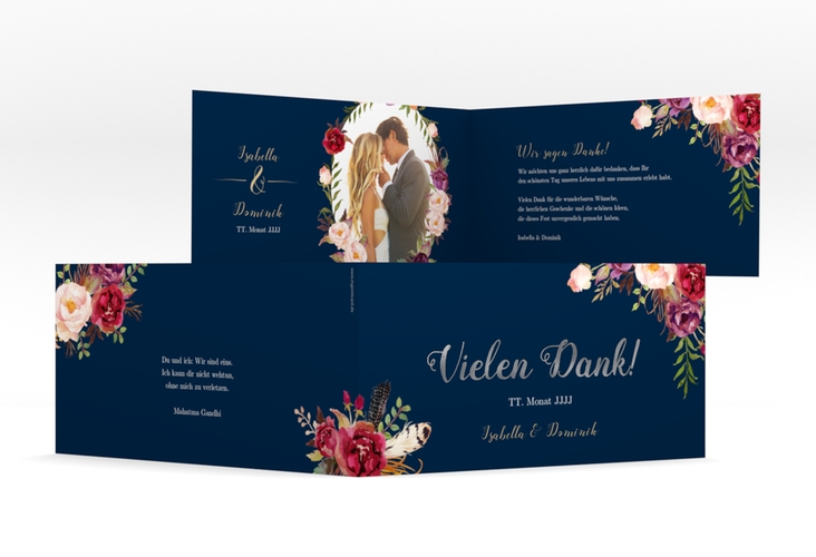 Danksagungskarte Hochzeit Flowers lange Klappkarte quer blau silber mit bunten Aquarell-Blumen