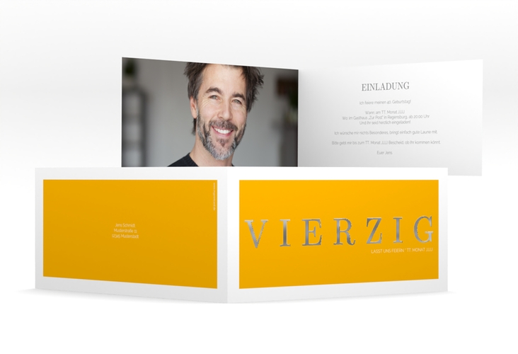 Einladung 40. Geburtstag Schlicht lange Klappkarte quer gelb silber