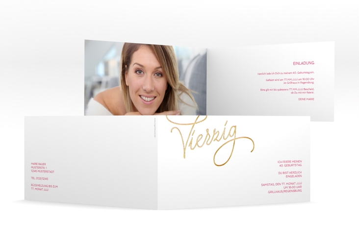 Einladung 40. Geburtstag Schwungvoll lange Klappkarte quer pink gold