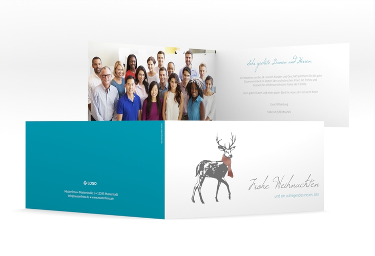 Geschäftliche Weihnachtskarte Hirsch lange Klappkarte quer blau rosegold mit Hirsch mit Schal