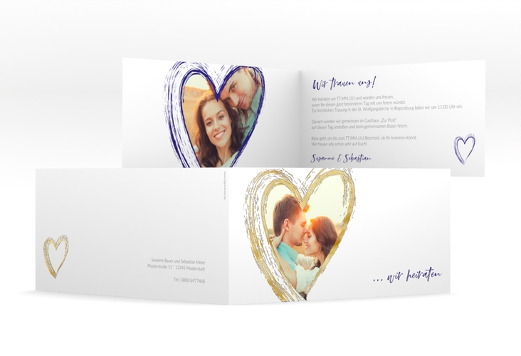 Hochzeitseinladung Liebe lange Klappkarte quer blau gold