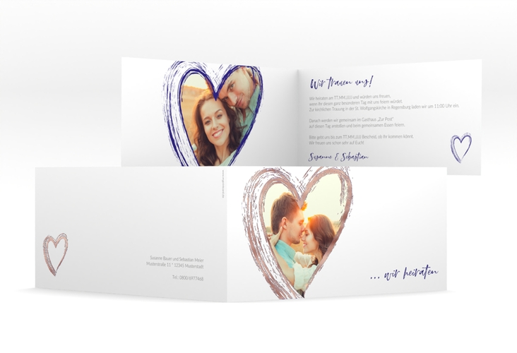 Hochzeitseinladung Liebe lange Klappkarte quer blau rosegold