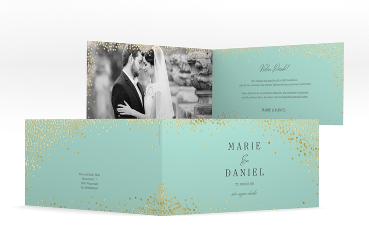 Danksagung Hochzeit Glitter lange Klappkarte quer mint gold