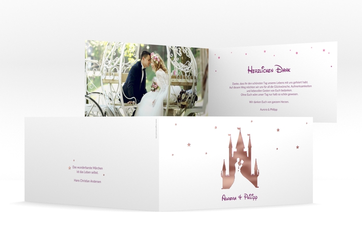 Danksagungskarte Hochzeit Castle lange Klappkarte quer pink rosegold
