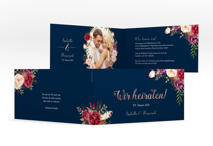 Hochzeitseinladung Flowers lange Klappkarte quer blau rosegold mit bunten Aquarell-Blumen