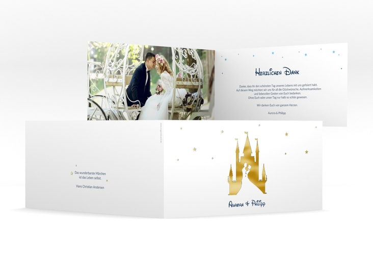 Danksagungskarte Hochzeit Castle lange Klappkarte quer blau gold
