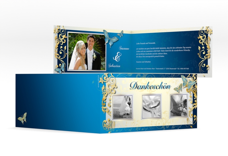 Dankeskarte Hochzeit Toulouse lange Klappkarte quer blau gold