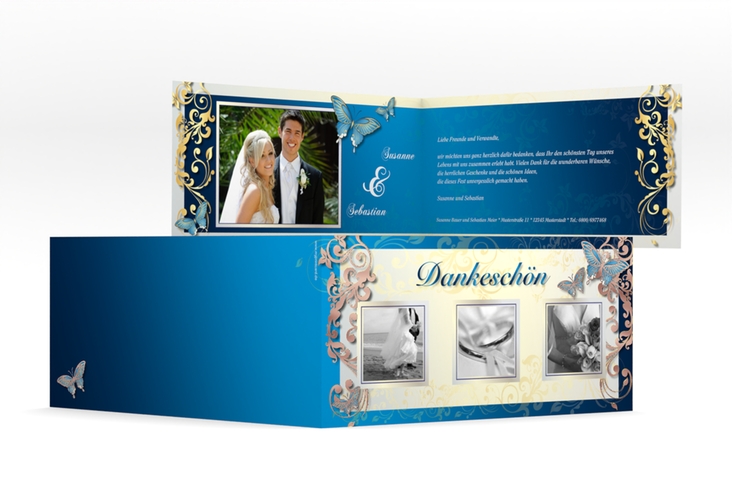 Dankeskarte Hochzeit Toulouse lange Klappkarte quer blau rosegold