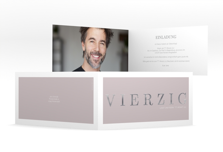 Einladung 40. Geburtstag Schlicht lange Klappkarte quer grau silber