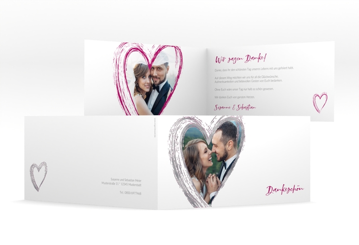 Danksagung Hochzeit Liebe lange Klappkarte quer pink silber