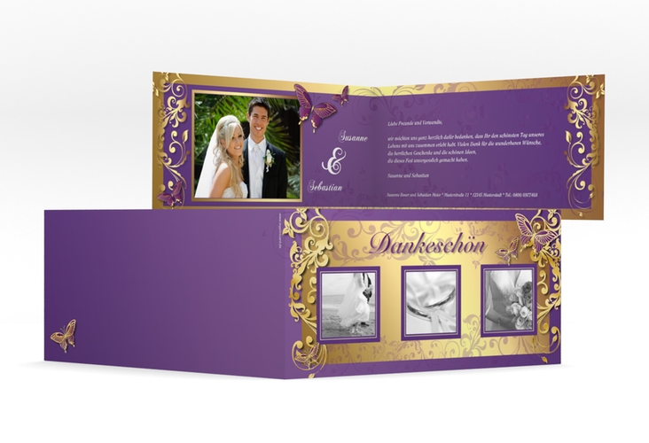 Dankeskarte Hochzeit Toulouse lange Klappkarte quer lila gold