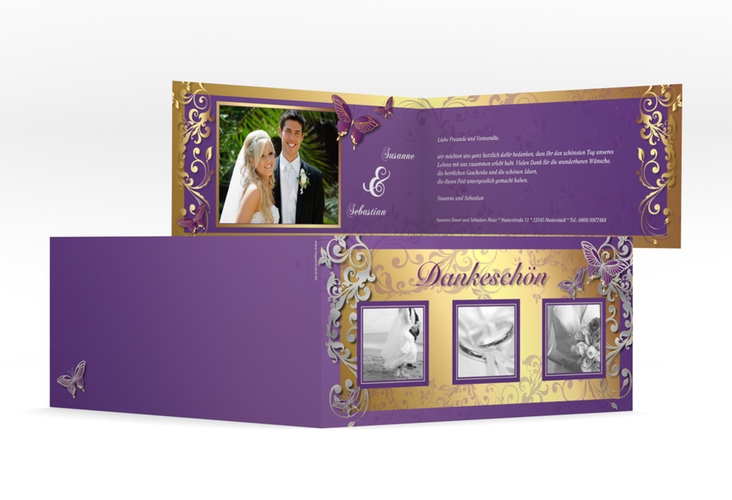 Dankeskarte Hochzeit Toulouse lange Klappkarte quer lila silber