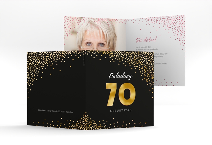 Einladung 70. Geburtstag Glitzer quadr. Klappkarte pink gold