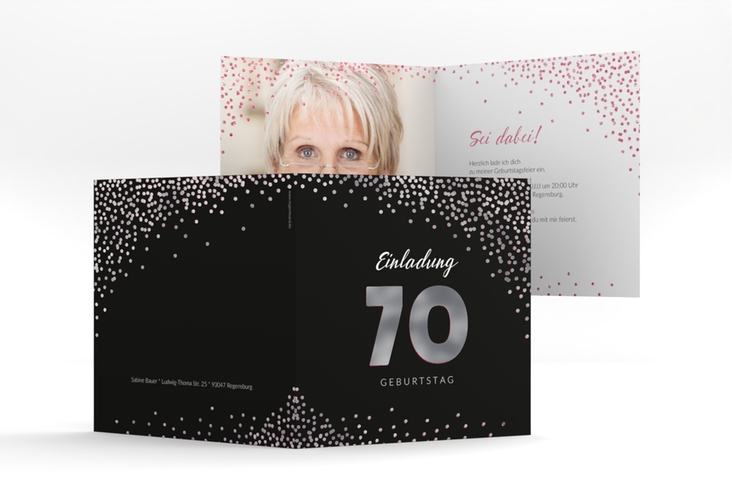 Einladung 70. Geburtstag Glitzer quadr. Klappkarte pink silber