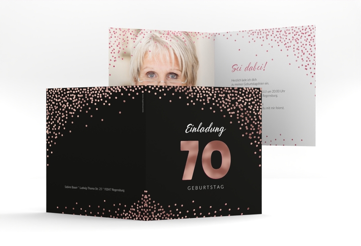 Einladung 70. Geburtstag Glitzer quadr. Klappkarte pink rosegold