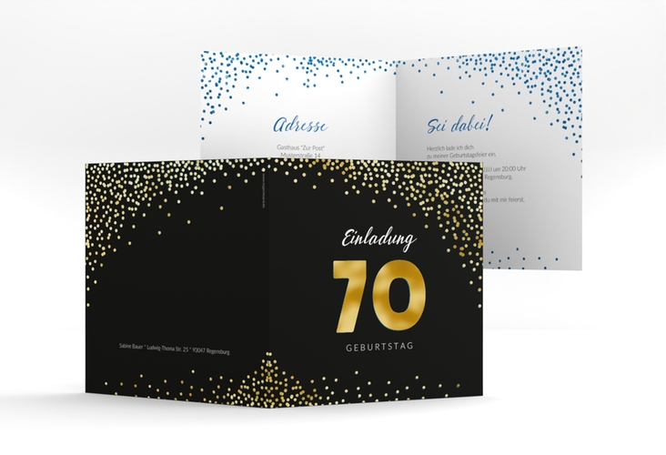 Einladung 70. Geburtstag Glitzer quadr. Klappkarte blau gold