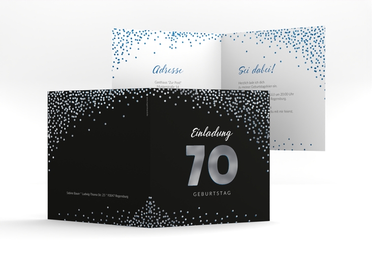 Einladung 70. Geburtstag Glitzer quadr. Klappkarte blau silber