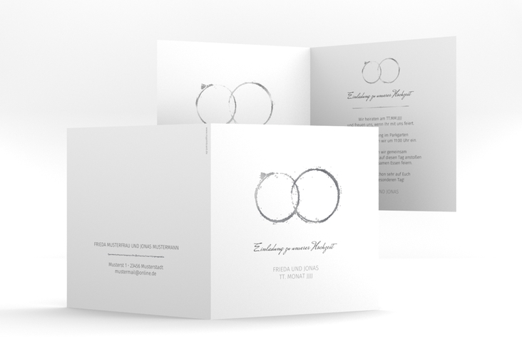 Hochzeitseinladung Trauringe quadr. Klappkarte grau silber minimalistisch gestaltet mit zwei Eheringen