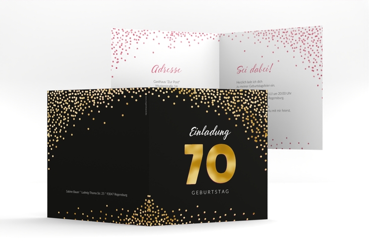 Einladung 70. Geburtstag Glitzer quadr. Klappkarte pink gold