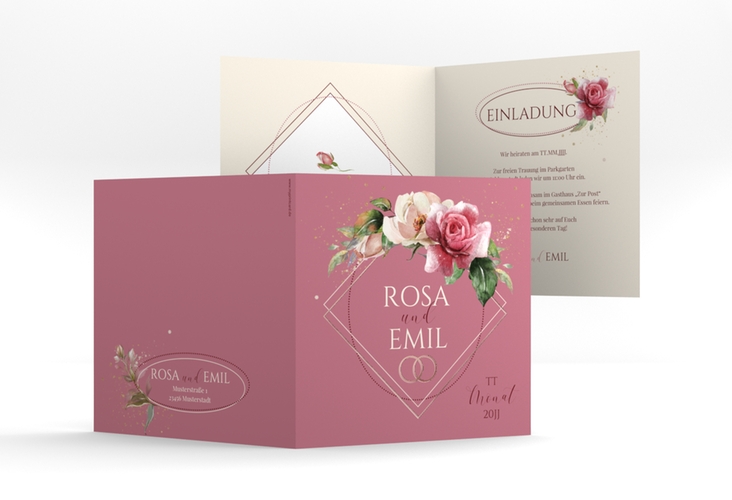 Hochzeitseinladung Rosenbogen quadr. Klappkarte rosa rosegold