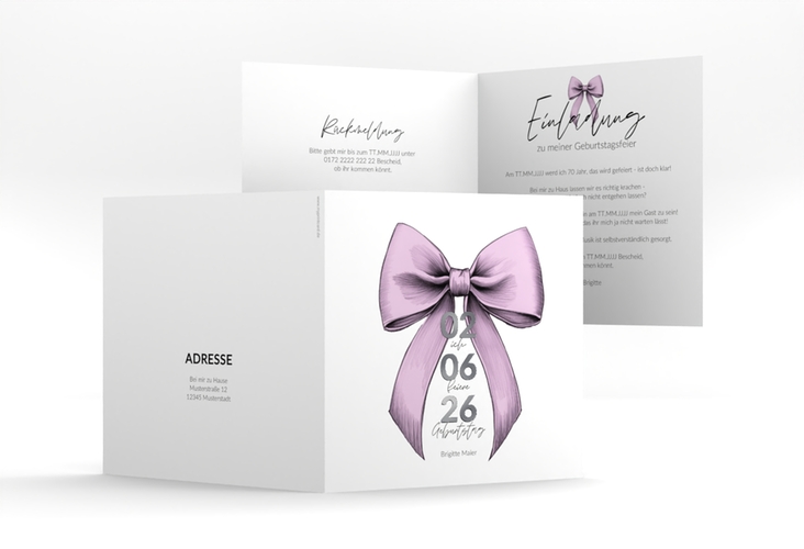 Einladung 70. Geburtstag Geburtstagsschleife quadr. Klappkarte rosa silber
