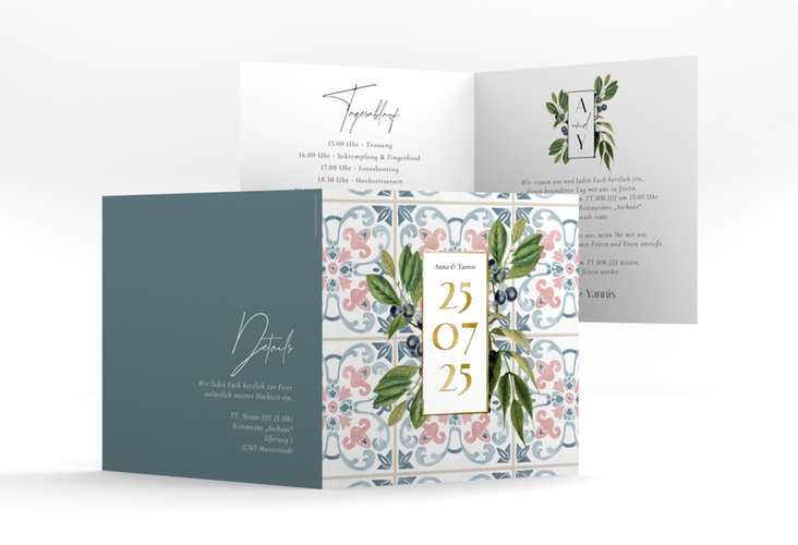 Hochzeitseinladung Mediterraner Flair quadr. Klappkarte bunt gold mit Auzlejo-Fliesenmuster und Lorbeer